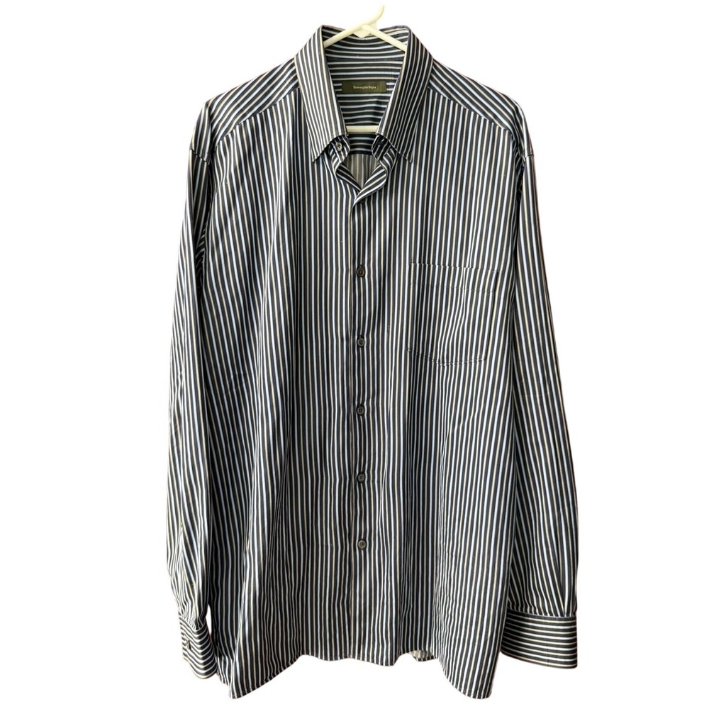 Ermenegildo Zegna Mens Navy Blue Striped Long Sleeve Button Down Shirt 24.5x32